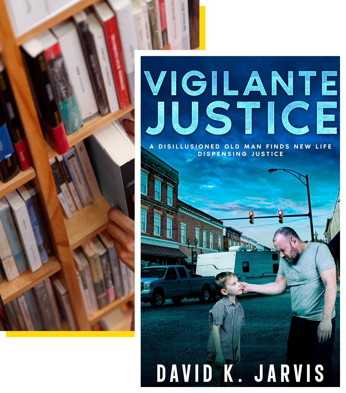 Book titled "Vigilante Justice" on shelf.
