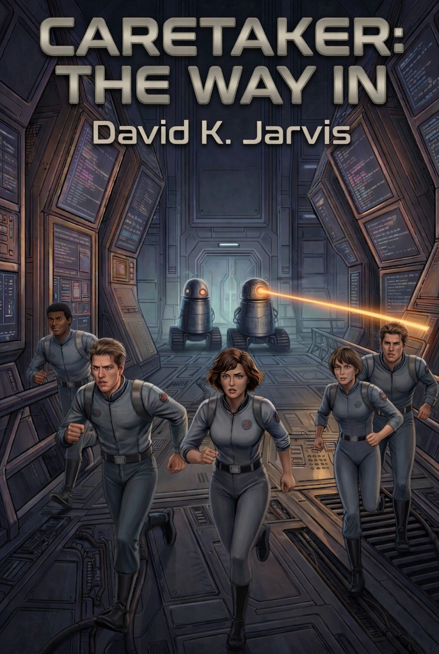 A group of five people in futuristic suits running in a sci-fi corridor.